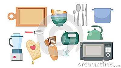 Set of kitchen appliances on white background. Vector illustration home appliances and crockery kettle, mixer, juicer, microwave, Cartoon Illustration
