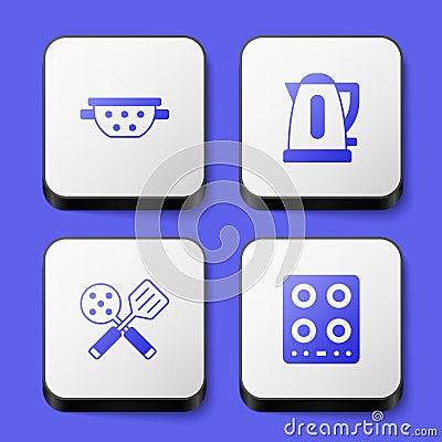 Set Kitchen colander, Electric kettle, Spatula and Gas stove icon. White square button. Vector Vector Illustration
