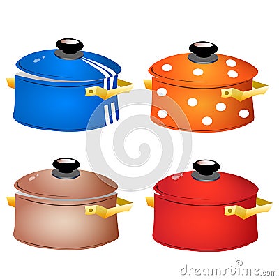 Set of kitchen dishes. Color images of colorful pans on white background. Vector illustration Vector Illustration