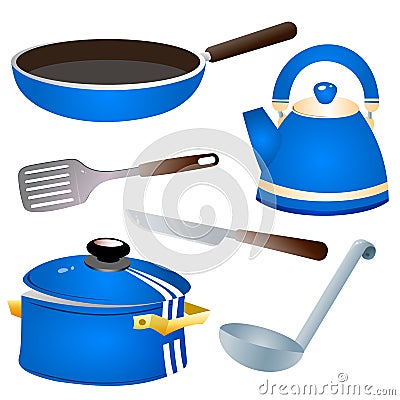 Set of kitchen dishes. Color images of pan, kettle, knife, serving spoon and skillet on white background. Vector illustration Vector Illustration