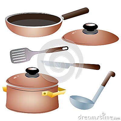 Set of kitchen dishes. Color images of pan, kettle, knife, serving spoon and skillet on white background. Vector illustration Vector Illustration