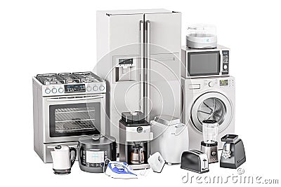 Set of kitchen home appliances. Toaster, washing machine, fridge Stock Photo