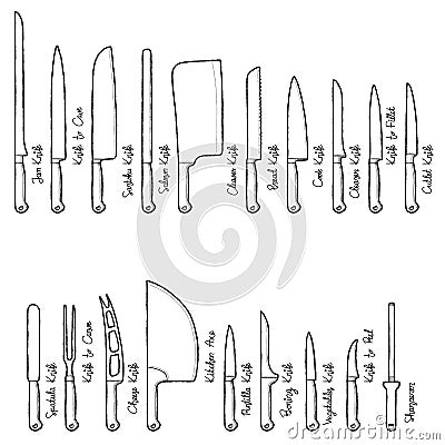 Set of Kitchen Knife Vector Illustration Hand Drawn Cartoon Art Vector Illustration