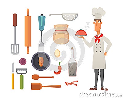 Set kitchen shelves and cooking utensils vector. Chef character concept cartool illustration. Vector Illustration