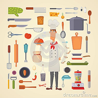 Set kitchen shelves and cooking utensils vector. Chef character concept cartool illustration. Vector Illustration