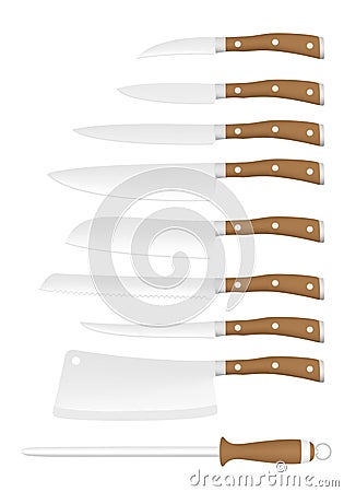 Set of kitchen steel knives for chef and wooden handle with rivet and stainless trim with a grinder on a white background Vector Illustration