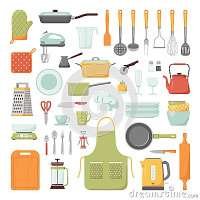 Set of kitchen tools isolated on white background. Kitchenware collection.Cartoon Vector Illustration. Vector Illustration