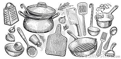 Set of kitchen utensils for cooking. Food concept. Sketch vintage vector illustration for restaurant or diner menu Vector Illustration