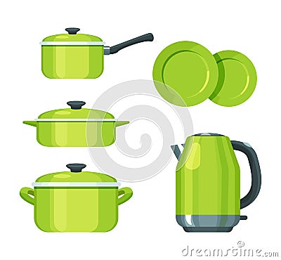 Set of kitchen utensils, modern cooking utensils. Pots, plates, kettle. Vector Illustration