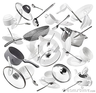 A set of kitchen utensils: pots, pans, plates, forks, knives Stock Photo