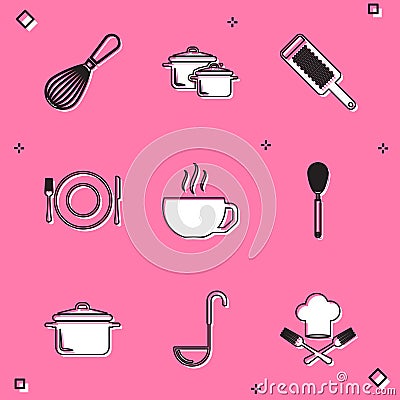 Set Kitchen whisk, Cooking pot, Grater, Plate, fork and knife, Coffee cup, and ladle icon. Vector Stock Photo