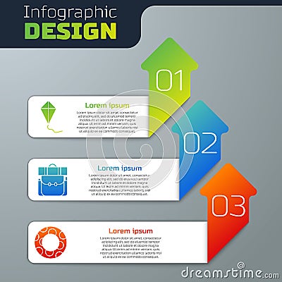 Set Kite, Hiking backpack and Rubber swimming ring. Business infographic template. Vector Vector Illustration