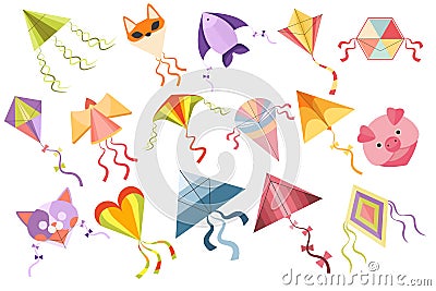 Set of Kites, Cartoon Kid Toys Vector Icons. Colorful Flying Fox, Cat and Fish, Heart, Rhombus or Pig Bright Winged Toys Vector Illustration