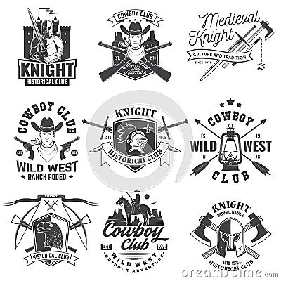 Set of knight historical and cowboy club design Vector Concept for shirt, print, stamp, overlay or template. Vintage Stock Photo