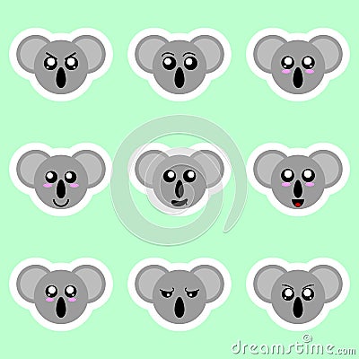 Set of koala stickers. Different emotions, expressions. Sticker in anime style. Vector Illustration for your design. Vector Illustration
