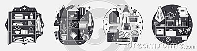 set konmari method tidying template designs, productivity simplicity efficiency space Stock Photo