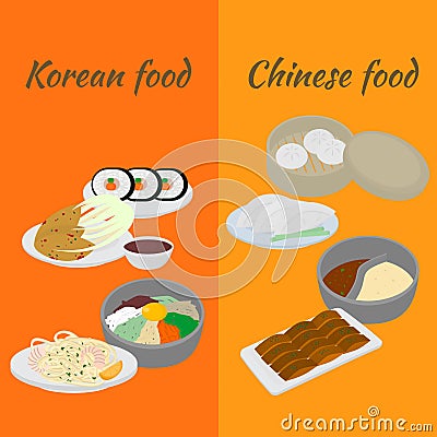 Set of korean and chinese food flat design elements. Asian street food menu. Traditional dish kimchi, dumplings, noodle and bibimb Stock Photo