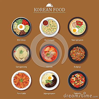 Set of korean food flat design. Asia street food illustration ba Vector Illustration