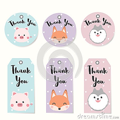 Set of Label Tags with animals character design. Thank you tags for wedding, birthday, baby shower, label, printable tags or Vector Illustration