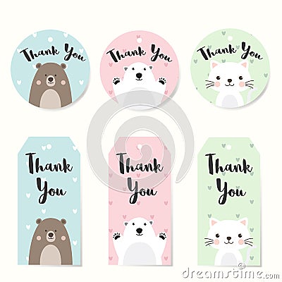 Set of Label Tags with animals character design. Thank you tags for wedding, birthday, baby shower, label, printable tags or Vector Illustration