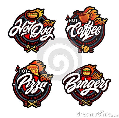 Set of labels. Burgers, pizza, hot dog, coffee Vector Illustration