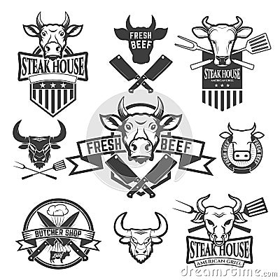 Set of labels with cow heads. Steak house, Fresh beef, butcher Vector Illustration