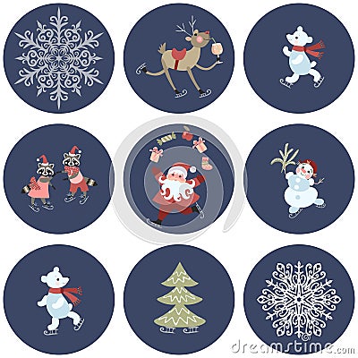 Set of labels with cute cartoon Santa Claus, polar bears, little raccoons, reindeer with a glass of champagne, snowman, snowflakes Vector Illustration