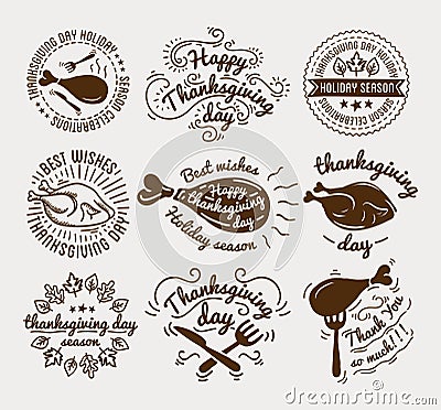 Set of labels design template to Thanksgiving Day. Black icons with turkey for banner and invitation. Vector tags Vector Illustration