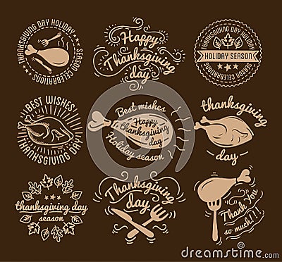 Set of labels design template to Thanksgiving Day. Black icons with turkey for banner and invitation. Vector tags Vector Illustration