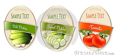 Set of labels with ecological tomato and pickles Vector Illustration