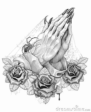 Praying hands tattoo. Set of labels and elements. Vector set illustration template tattoo Cartoon Illustration