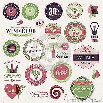 Set of labels and elements for wine Vector Illustration