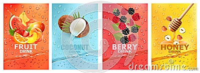 Set of labels with fruit and berry drink. Fresh fruits juice splashing together- watermelon, Vector Illustration