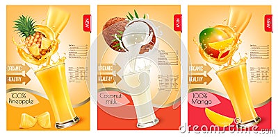 Set of labels of of fruit in juice splashes. Vector Illustration