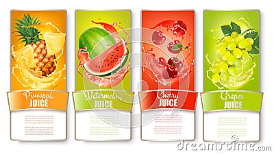 Set of labels of of fruit in juice splashes. Vector Illustration