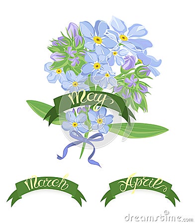 Set labels with hand-drawn lettering, months names of season year, Beautiful bouquet of forget-me-not flowers Vector Illustration