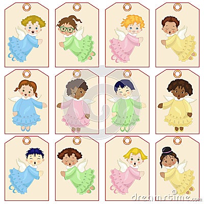 Set of labels with little angels in flight Vector Illustration