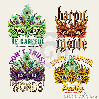 Set of labels with masquerade mask, feathers, staring eyes behind, text. Vector Illustration