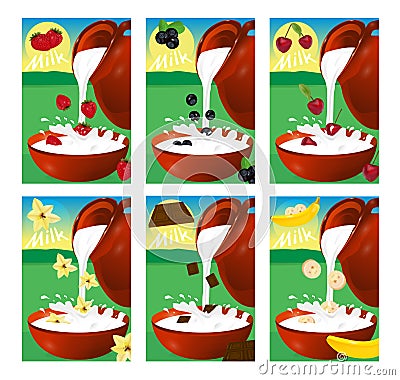 Set of labels for milk or yogurt. Strawberry, cherry, vanilla, b Cartoon Illustration