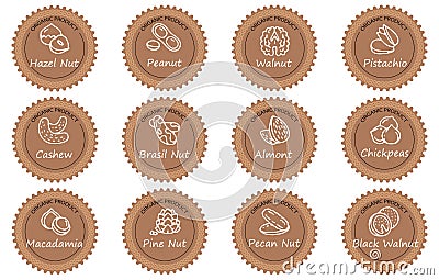 A set of labels, nuts and their names.Round brown labels with an ornament. Vector Illustration