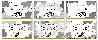 Set of labels for olive cosmetics packaging design. Organic cosmetics and natural care. Vector Illustration