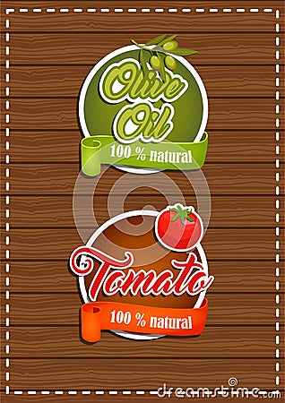 A set of labels olive oil, tomato. Natural product Vector Illustration