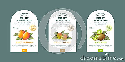 Set of 3 labels, packaging of fruit marmalade. Text with realistic fruits and leaves on white base. Vector Illustration