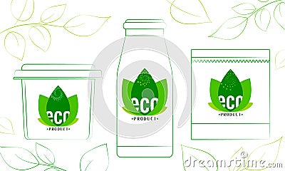 Vector set of environmental labels with leaves on packaging. Vector Illustration