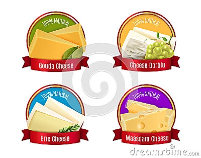 Realistic Cheese Labels Set Vector Illustration