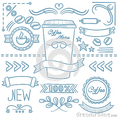 Set of labels, ribbons, frames for coffe menu. Vector Illustration