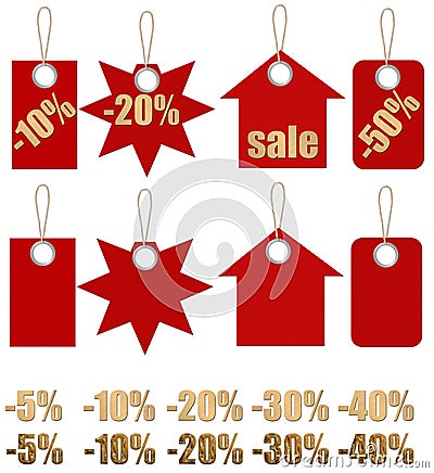 Set of labels on ropes with percent discounts Stock Photo