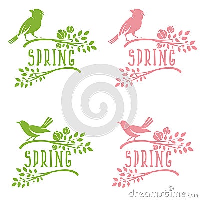 Set of labels of spring birds in branches leaves and flower Vector Illustration