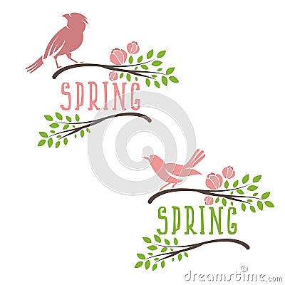 Set of labels of spring birds in branches leaves and flower Vector Illustration