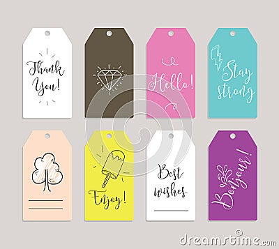 Set of labels, stickers or tags. Cards for journaling. Inspirational quotes. Usable as invitations, greetings, planner Vector Illustration